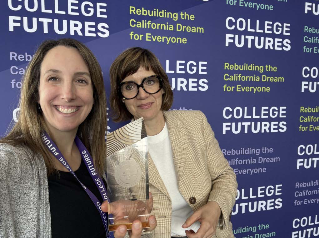 UC Merced’s Director of Foundation Relations, Philanthropy & Strategic Partnerships Meredith Fear and Vice Provost for Academic Affairs and Strategy Christiane Spitzmueller receiving the College Futures Award for Advancing Social Mobility for California Students